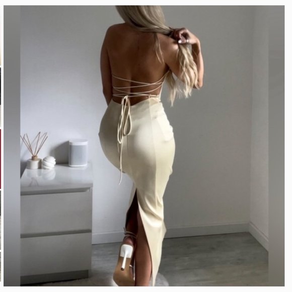ZARA CHAMPAGNE SATIN EFFECT STRAPLESS TIE UP STRAPPY BACK MIDI MAXI DRESS $129.9 - Picture 4 of 17